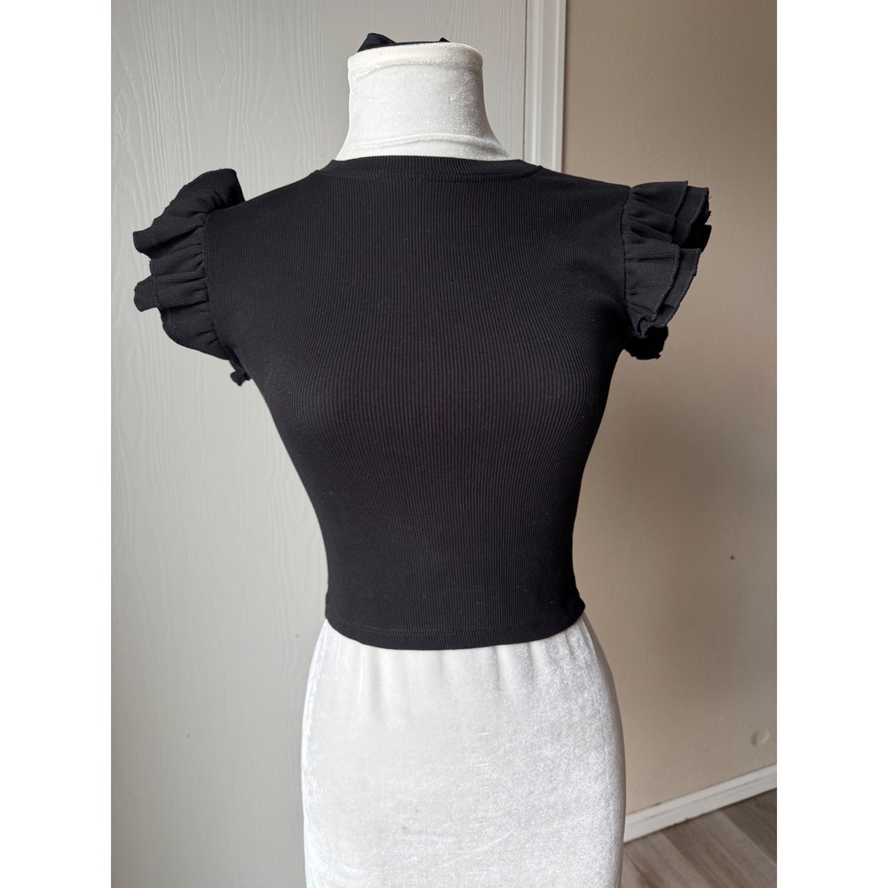 Zara Women Black Ribbed Ruffle Cap Sleeve Crop Top Small